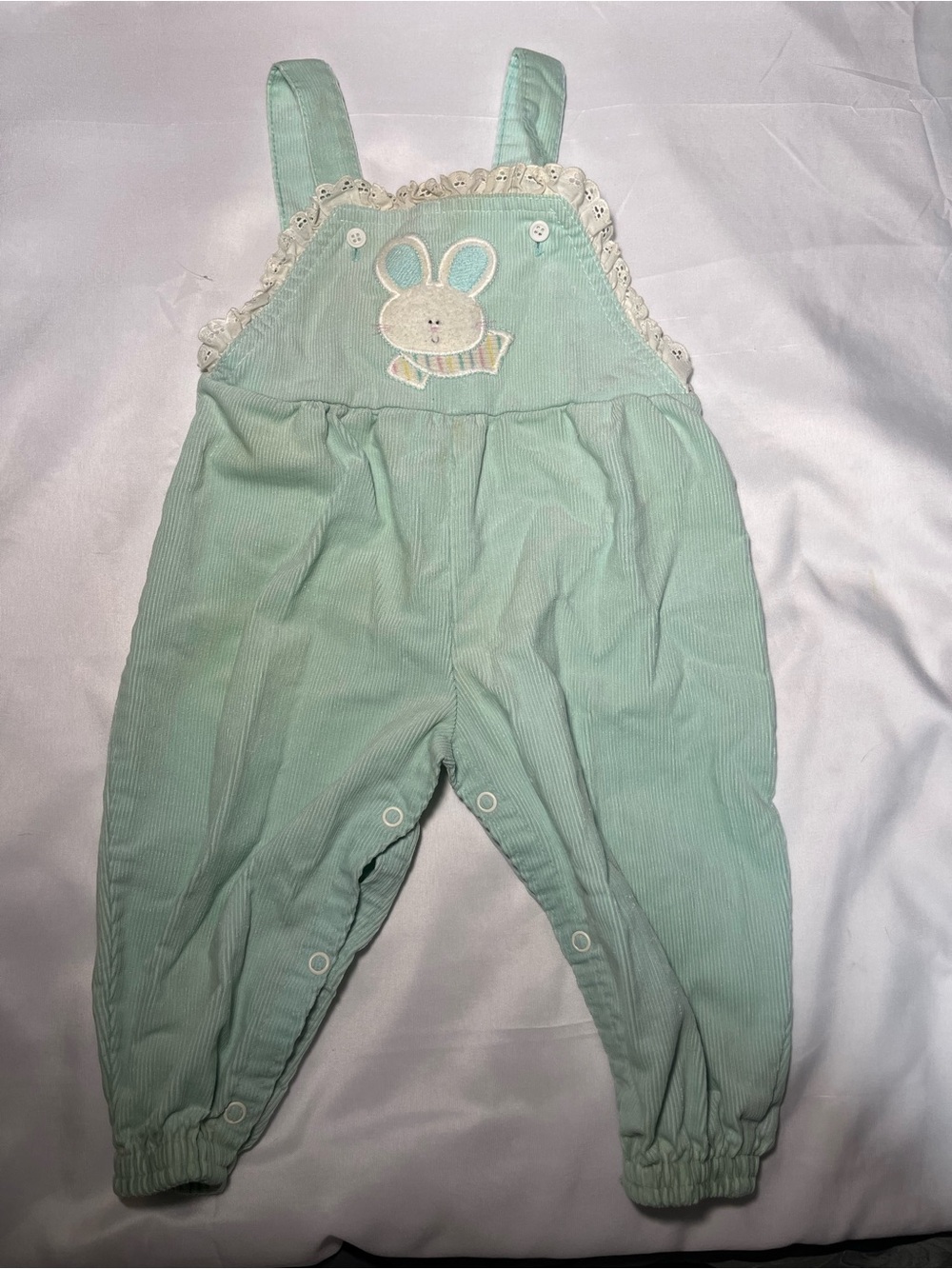 Vintage Buster Brown Bunny Corduroy Overalls Girls 12M Blue Green Lace Pastel